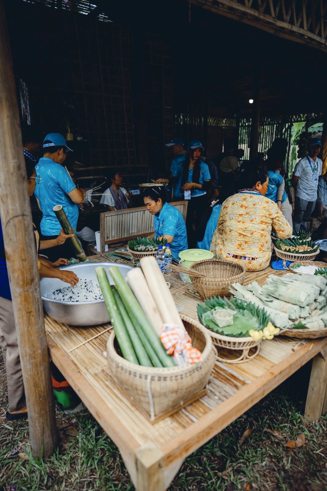 Preparing food at a market table