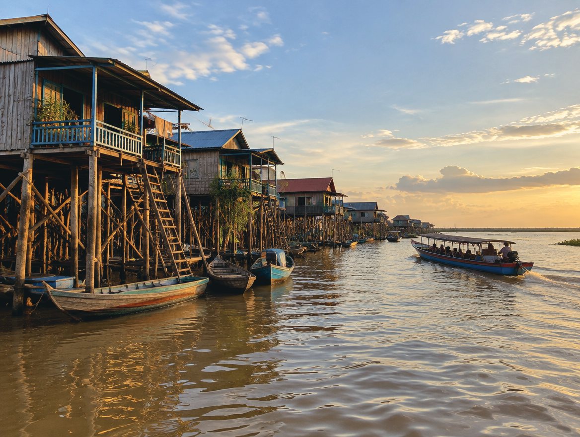 Wooden stilt houses and boats in a floating village on the Tonle Sap
