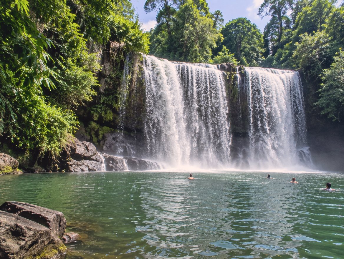 A wide waterfall dropping into a green jungle pool on Phnom Kulen