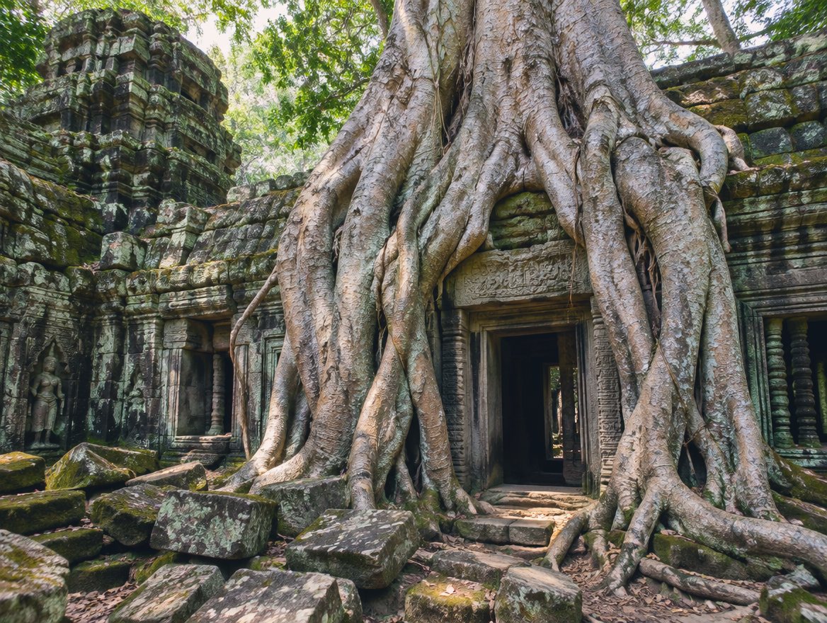 Huge tree roots pouring over a carved temple doorway at Ta Prohm